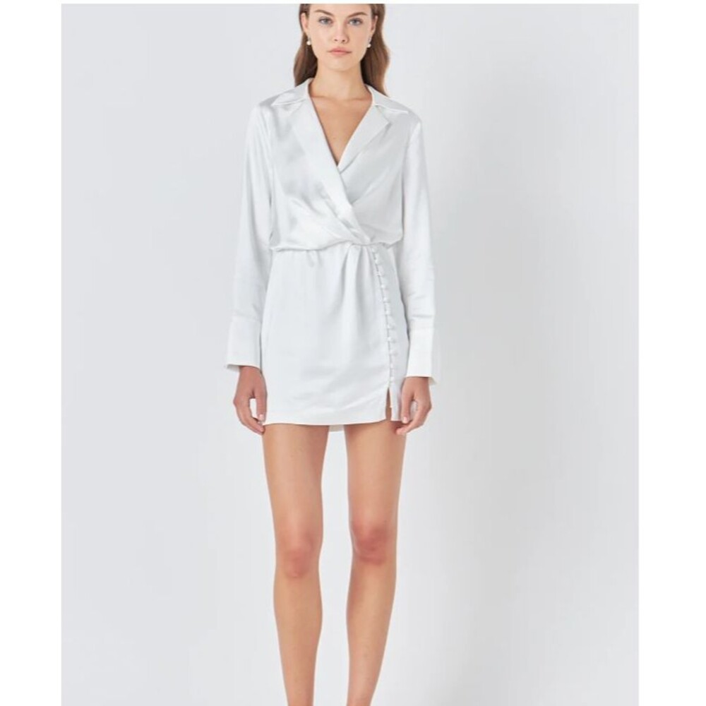 Anthro ENDLESS ROSE White Satin Wrap Shirt Dress Long Sleeve Womens M NWOT
